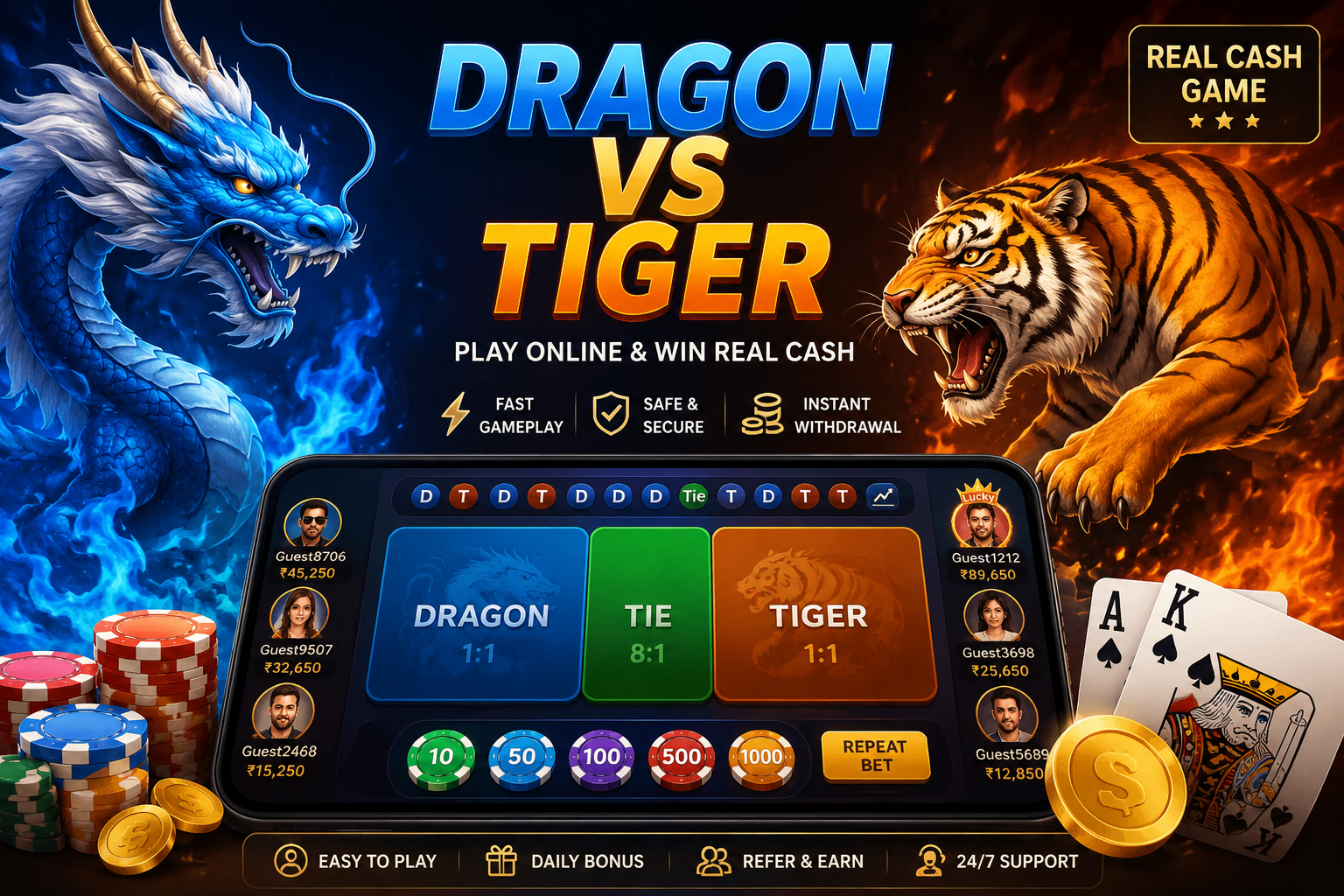 Dragon vs Tiger – Play Online Dragon Tiger Game & Win Real Cash